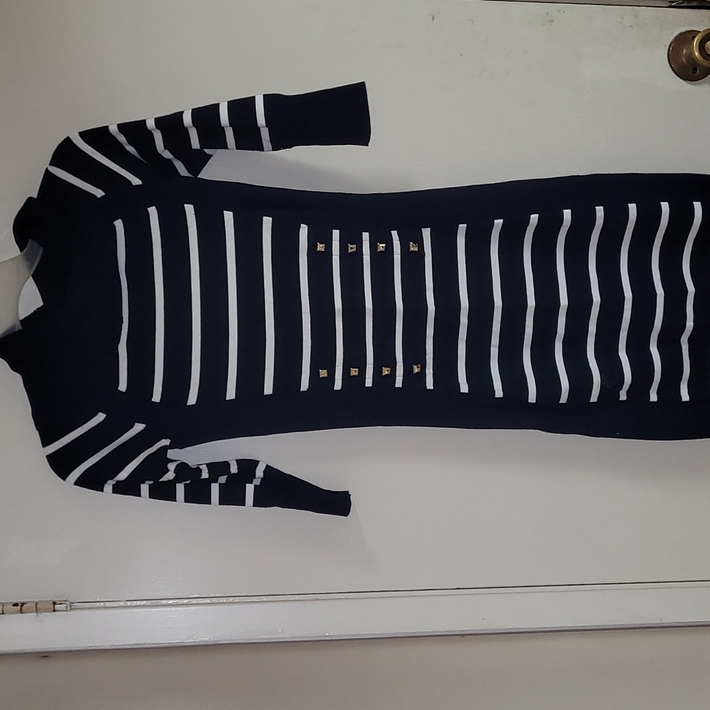 Cache Navy and white striped sweater dress. 3/4 length sleeve.